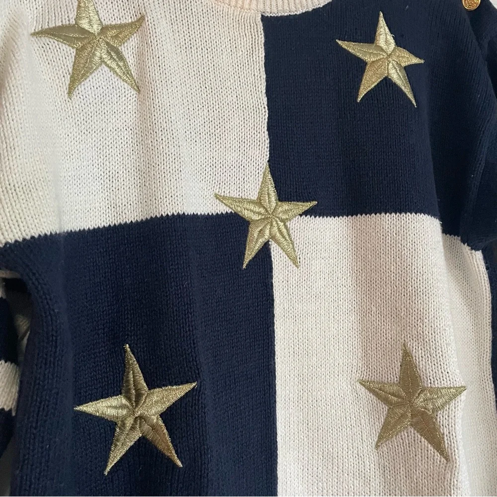 Maurada Vintage Nautical Coastal Stars Navy and White Striped Sweater - Picture 6 of 7